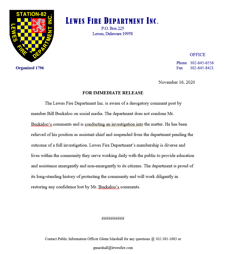 Lewes fire department statement buckaloo social media homophobic slur bernstein applebottom